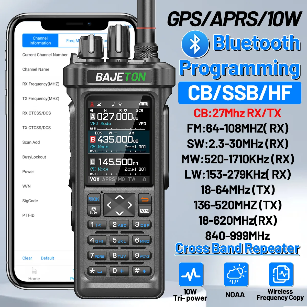 BAJETON BJ-9000 GPS APRS Walkie Talkie 10W CB 27Mhz CB/SSB/HF Bluetooth Programming NOAA ShortWave For RT-950PRO RT-950 Radio