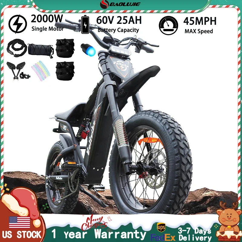 BAOLUJIE M2 Adult Electric Bicycle 2000W Motor 60V 25AH Mountain Electric Bike 20 Inch Fat Tire Off Road E Bike【1 Year Warranty】