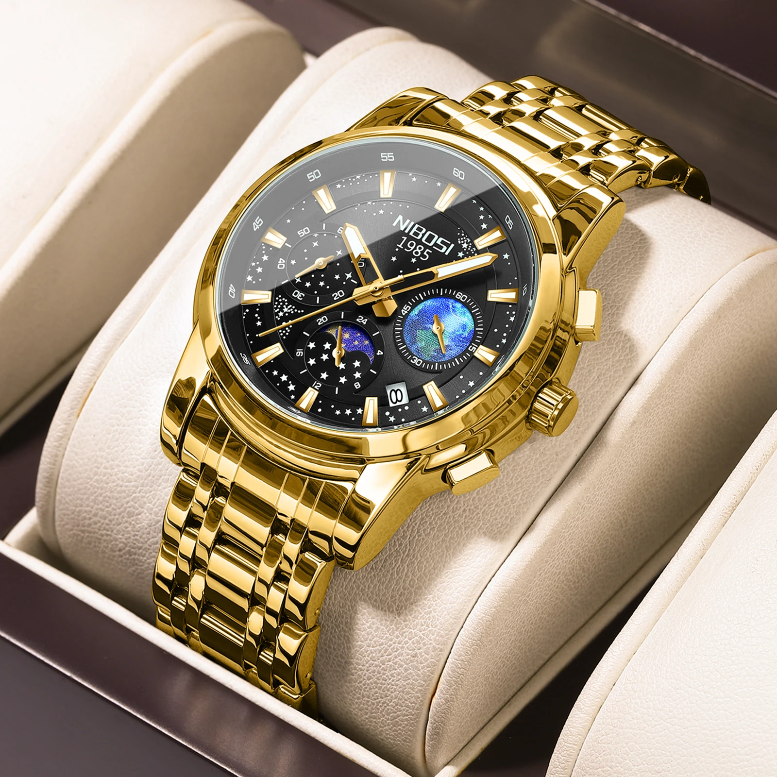NIBOSI Top Brand Luxury Men's Watch Waterproof Luminous Stainless Steel Lunar Phase Timing Code Watch New Quartz Men's Watch