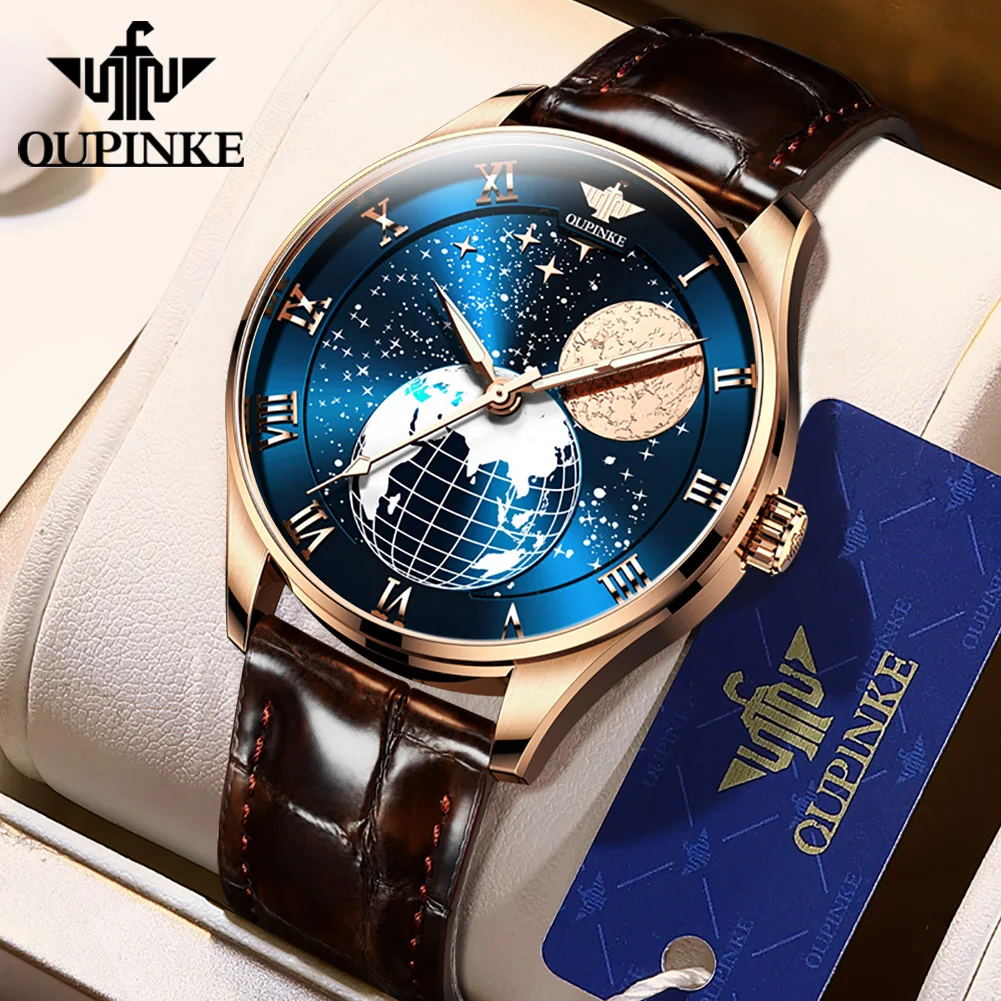 OUPINKE Brand Men's Watch Fully Automatic Mechanical Skin Strap Business 3177
