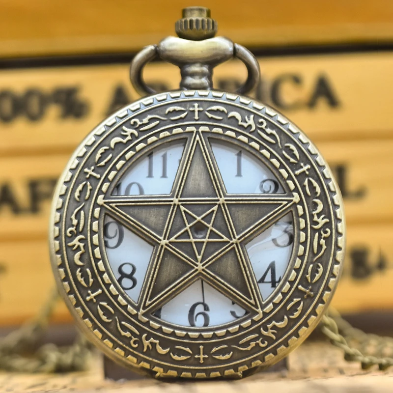 Vintage Bronze Clamshell Pentagram Hollow Carving Male And Female Students Gift Quartz Necklace Pocket Watch
