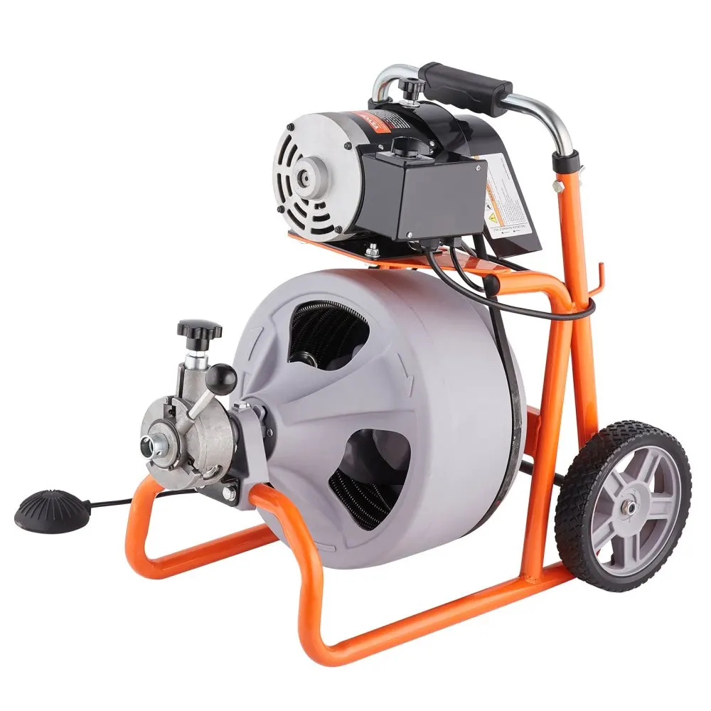 Drain Cleaner Machine 75FT x 3/8 Inch Auto Feed with Wheels & 8 Cutters