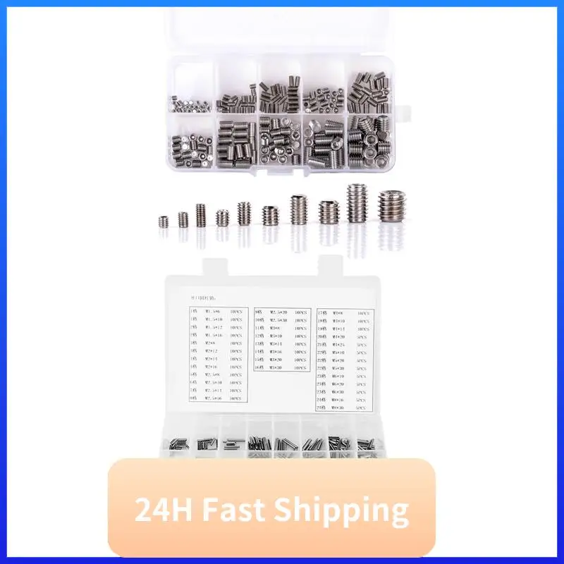 T30C New 200 Pcs 304 Stainless Steel Grub Screws Hex Socket & 280 Pcs Spring Pin Tension Elastic Cylindrical Cotter Pins