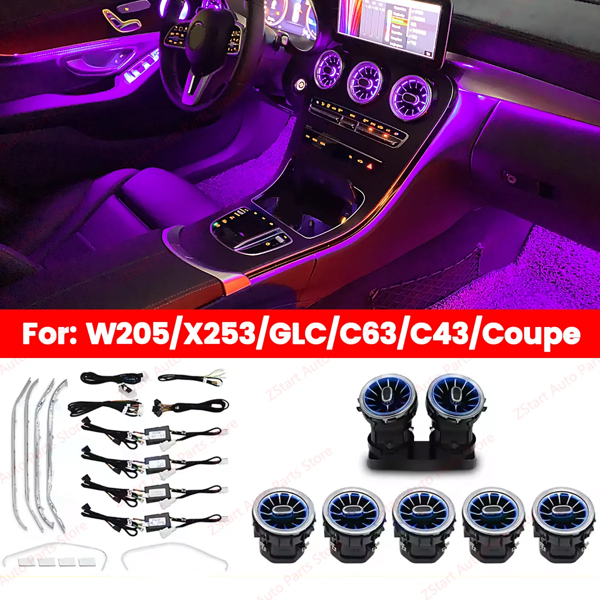 64 Colors Led For Mercedes-Benz C GLC W205 X253 Coupe For AMG C43 C63 MB Led Door Dashboard Lamp Air Vent Nozzle Ambient Light