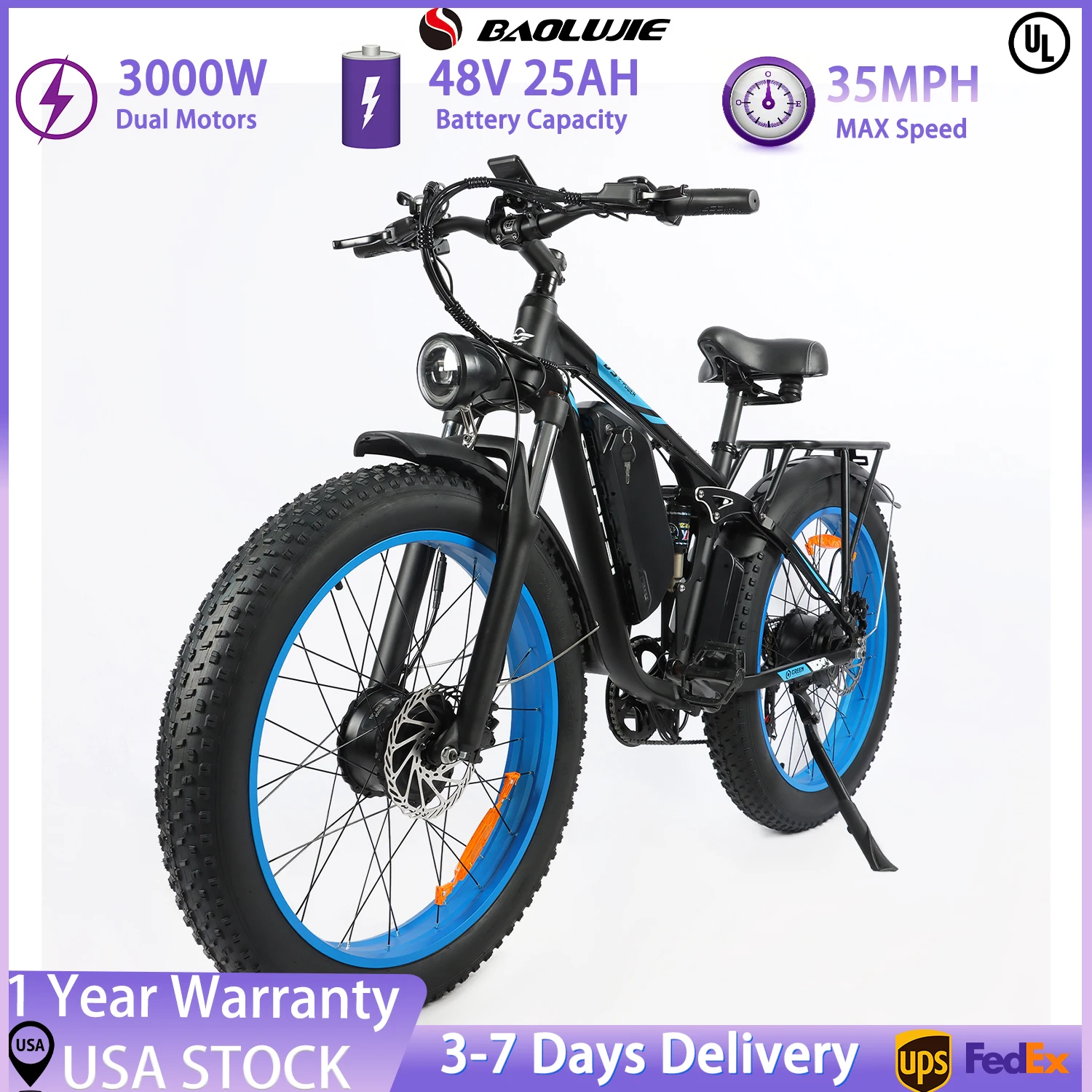 【1 Year Warranty】BAOLUJIE 2603 Electric Bike for Adults 3000W 48V 25AH Lithium Battery Electric Bicycle Max Speed 35MPH UL 2849