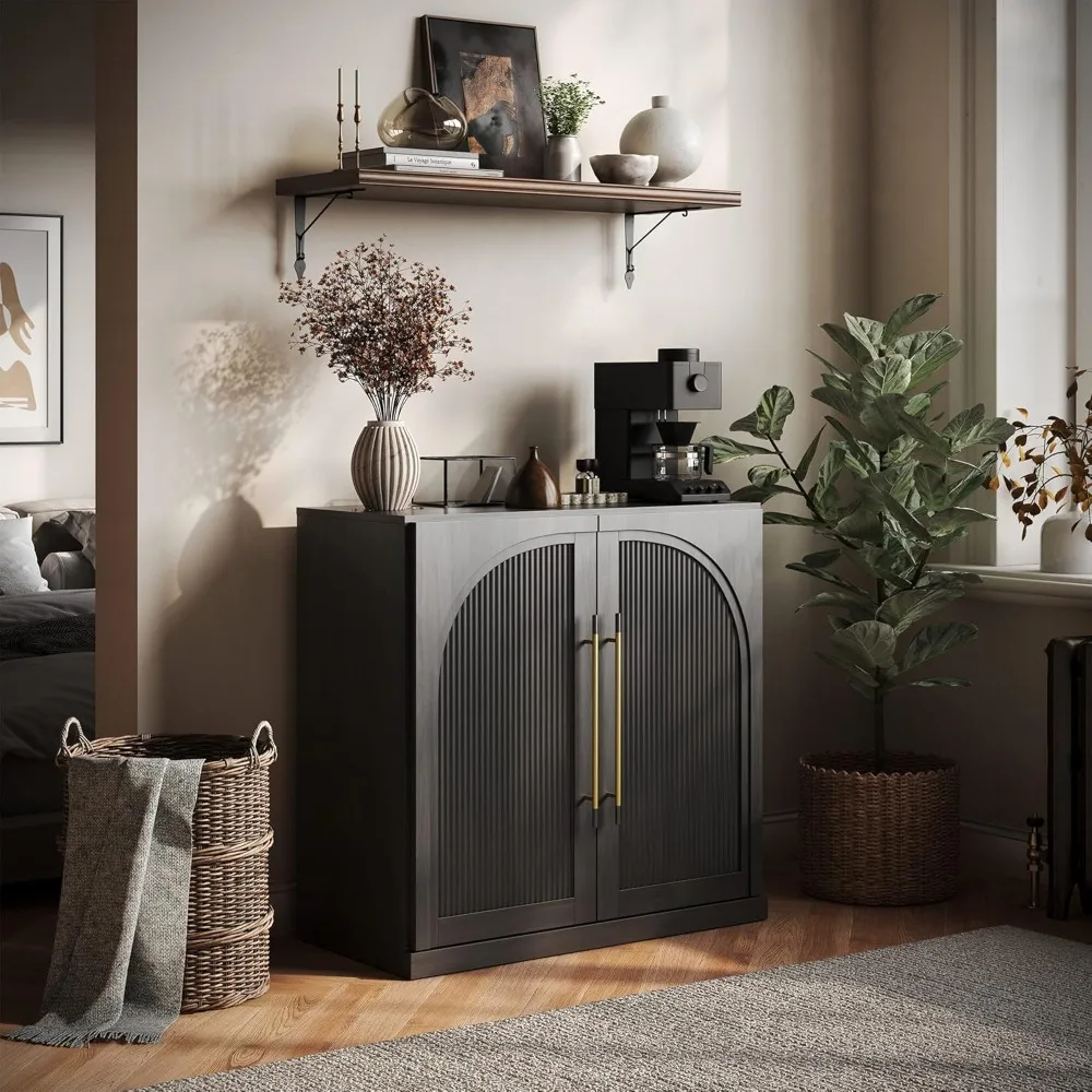 BELLEZE Modular Sideboard with Double-Arc Wood Doors, Small Arched Buffet Cabinet with Storage and Adjustable Shelves, Classic M