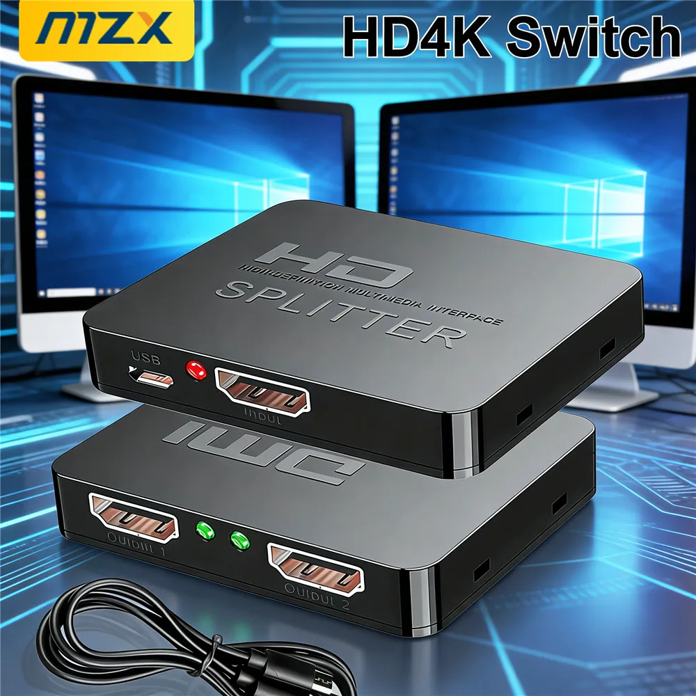 1-in-2-Out 4K Switch Video HDMI-compatible Splitter Distributor 1x2 Amplifier Dual Display Monitor Laptop PC Setup Accessories