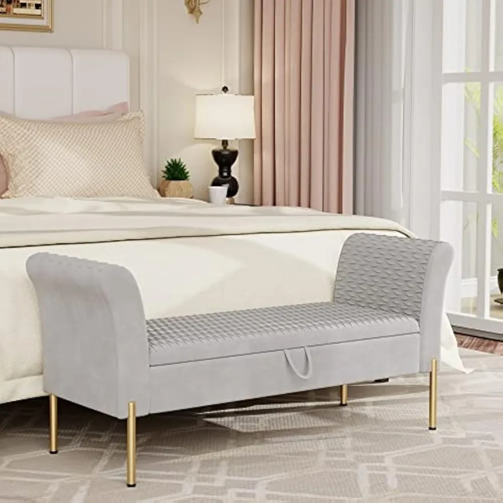 Armed Storage Bench Velvet Bed Bench for Bedroom Living Room Entryway Upholstered Ottoman Bench Gray with Gold Legs