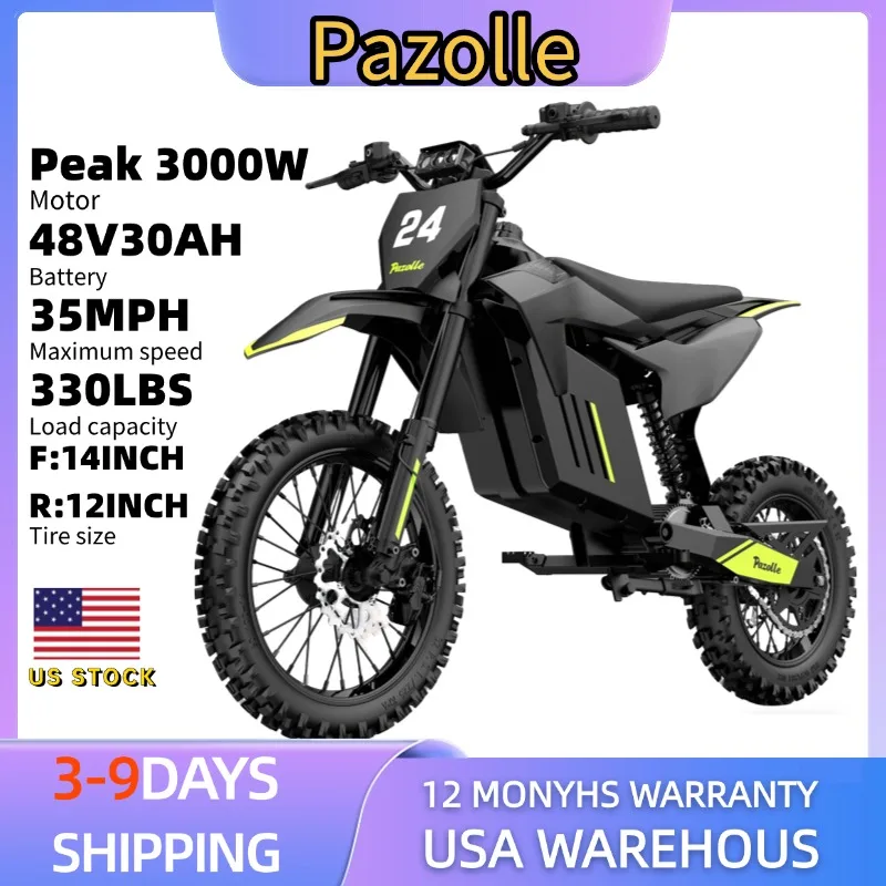 Pazolle 3000W Electric Dirt Bike for Adults 35MPH 48V 30AH All-Terrain Tires Electric-Motorcycle Hydraulic Brakes F14"&R12"