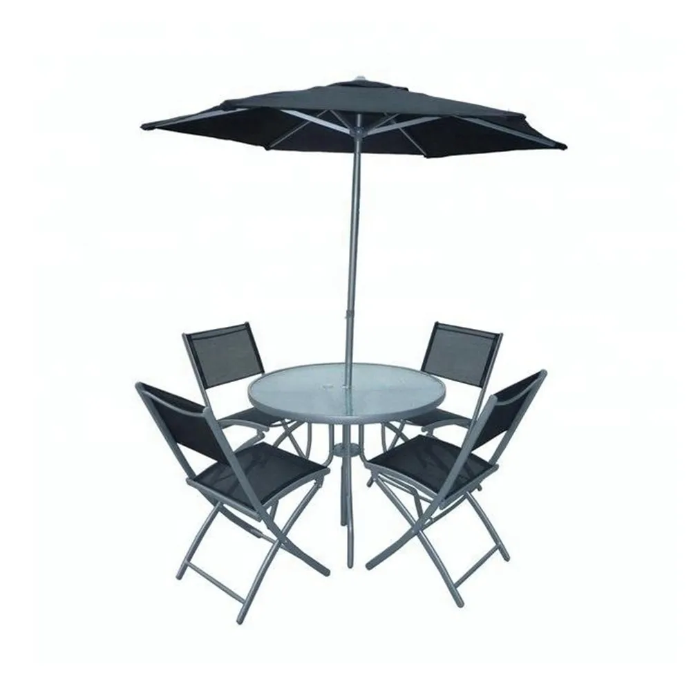 Outdoor 6 Pieces Steel Garden Coffee Patio Folding Dinning Teslin Furniture Set with Umbrella Parasol for Shop Hotel