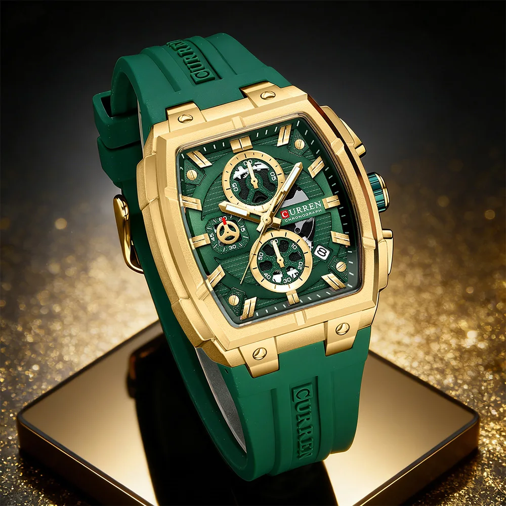 CURREN Luxury Vintage Watch for Men Sports Chronograph Quartz Wristwatches with Silicone Strap,Date,Luminous