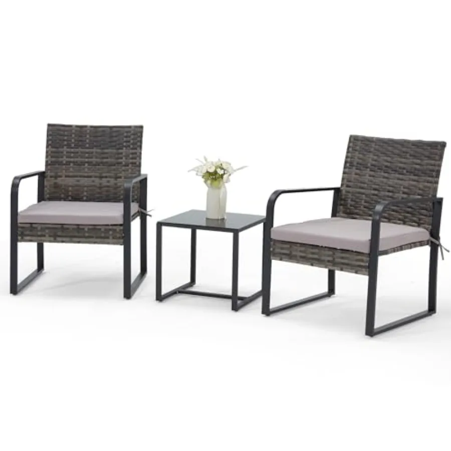 Bezseller 3 Piece Outdoor Patio Furniture Set Patio Bistro Set Wicker Conversation Set Modern Rattan Chair with Glass Coffee Ta