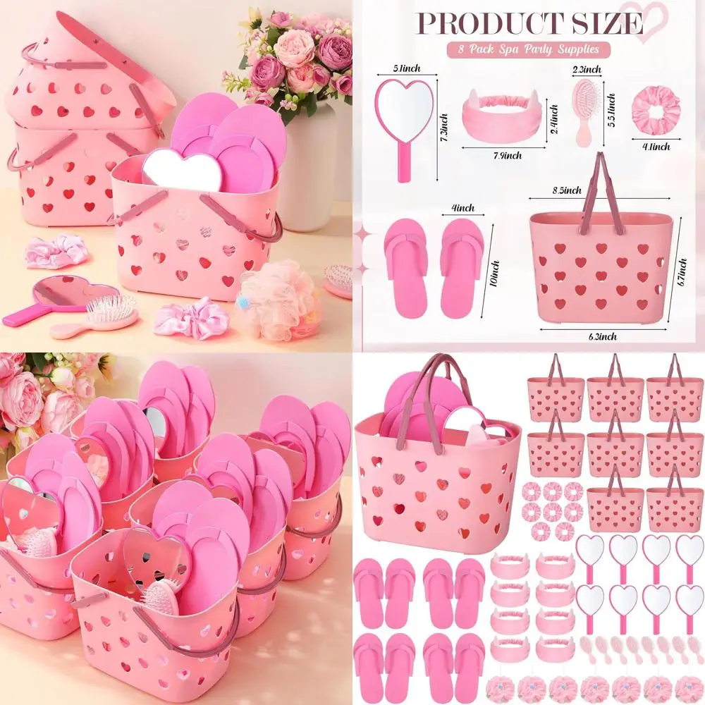 8-Piece Pink Spa Sleepover Party Set with Basket, Mirror, Satin Scrunchies, Hair Brush, Loofah, and Slippers