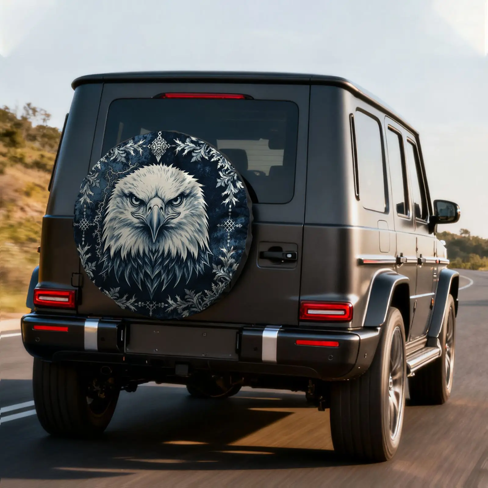 Vintage Eagle Head Pattern Tire Cover Made Of Polyester Fiber, Featuring A Decorative Symmetrical Floral Design With Exquisite F