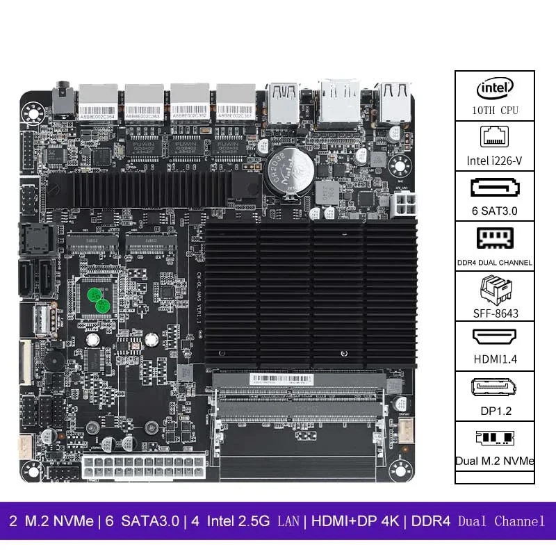 J4125 Mini-ITX Motherboard 4 i226-v 2.5GbE Port for 6-Bay NAS/Firewall Appliance, Dual DDR4, M.2 NVMe 2280, 6 SATA3.0