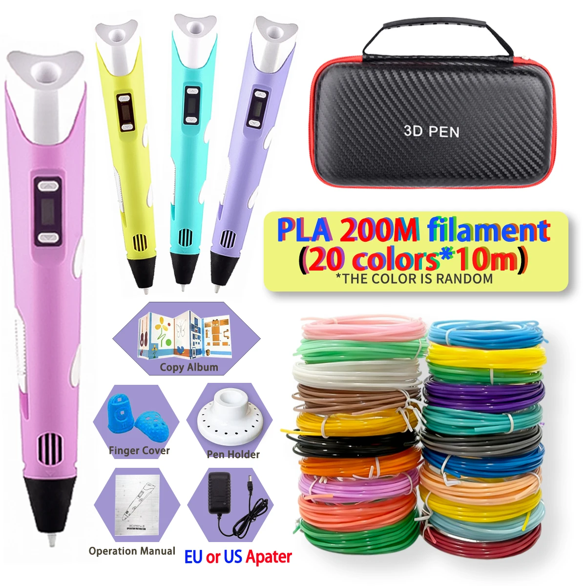 3D Pen 3D Print Pen Set for Children DIY Pens Children's Birthday Creative Gift Toys with Power Adapter PLA Filament Travel Box