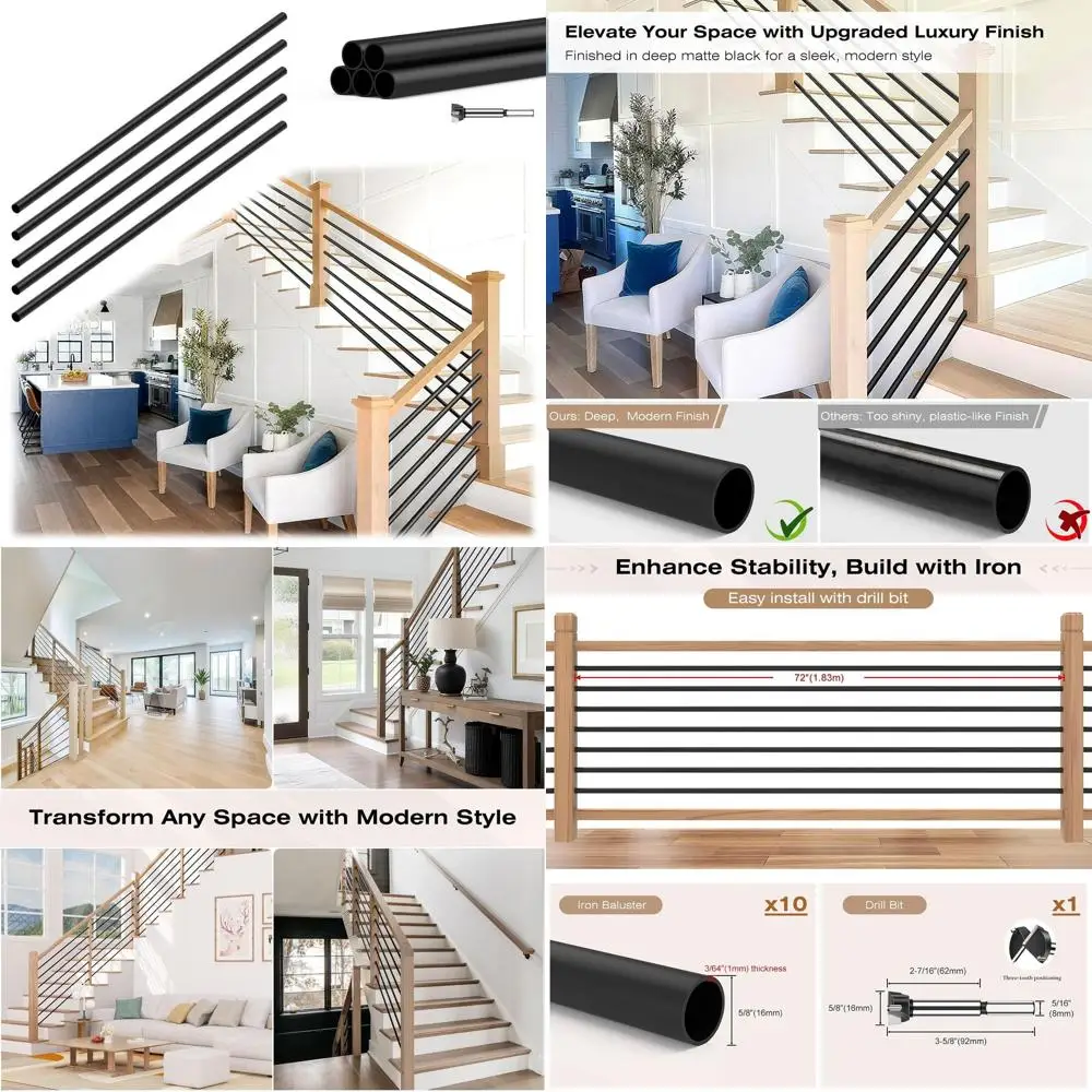 6-Pack 5/8 Matte Black Hollow Round Stair Balusters for Interior Staircases and Hallways