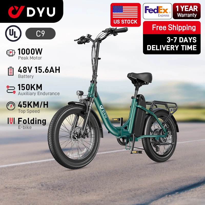 DYU C9 Electric Bicycle Peak 1000W Motor 48V15.6AH Lithium Battery Electric Bike Hydraulic Brake 20*3.0 Inch Fat Tire E-bike