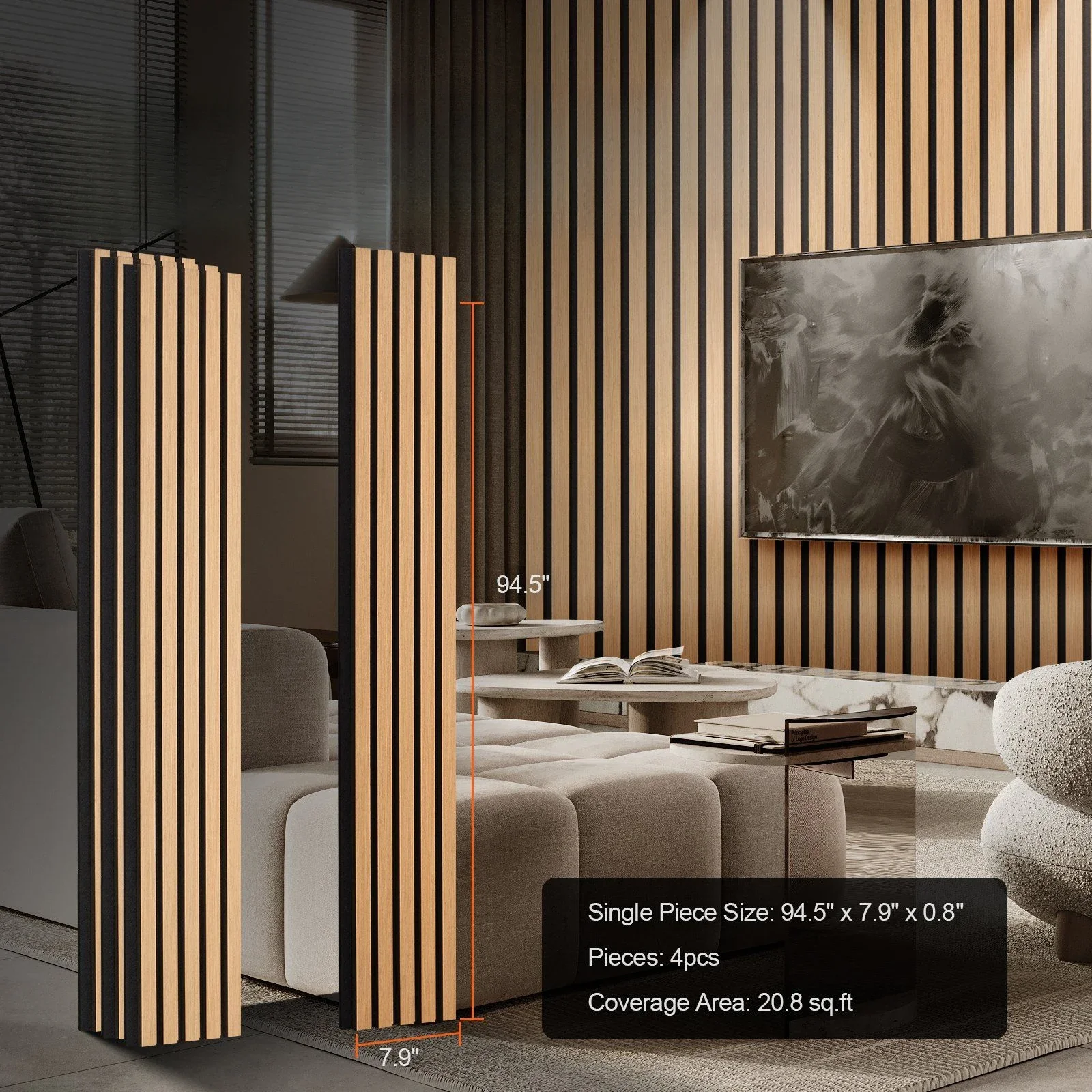 4 PCS Wood Slat Acoustic Panels 7.9 x 94.5 inch for Modern Wall Decor Light Oak