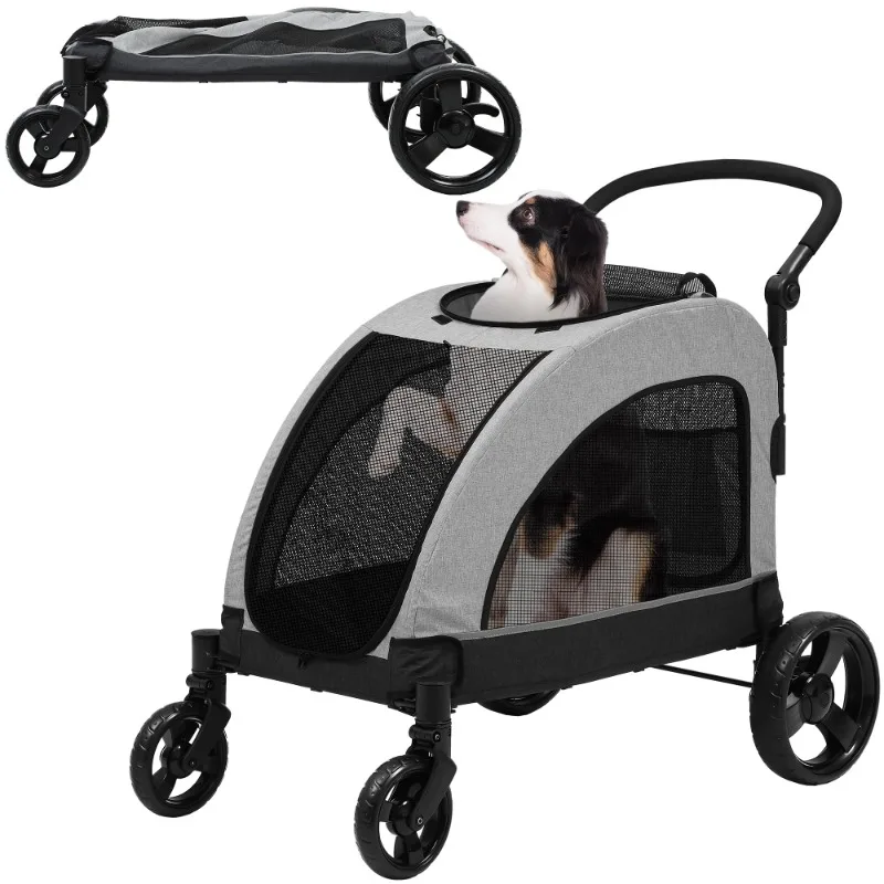Foldable Dog Stroller, 4-Wheel Pet Stroller with Dual-Entry, Adjustable Handle for Large Dogs, Outdoor Adventure Pet Carrier