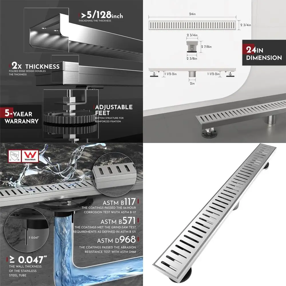 24 Inch Linear Shower Floor Drain with Removable Stainless Steel Cover and Grate, Brushed Finish, CUPC Certified