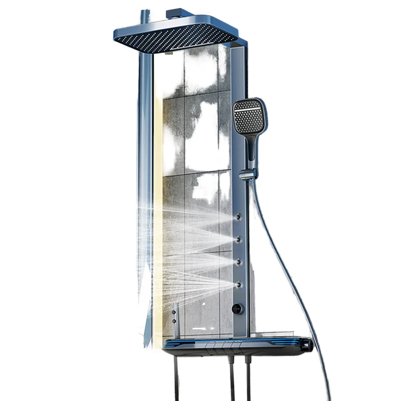 Smart LED Digital Screen Four-Function Brass Shower Set Polished Square Shower Head Ceramic Rain Waist Back SPA Apartment