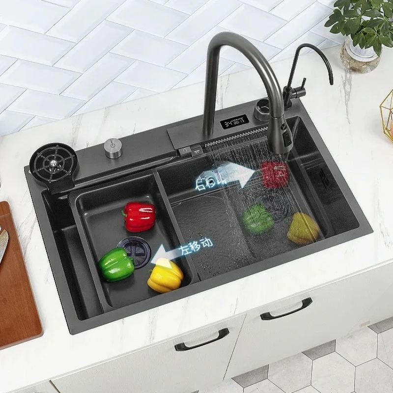 X188 Digital Display Feiyu Waterfall Sink Kitchen 304 Stainless Steel Vegetable Washing Basin Japanese Nano Large Single Sink Si