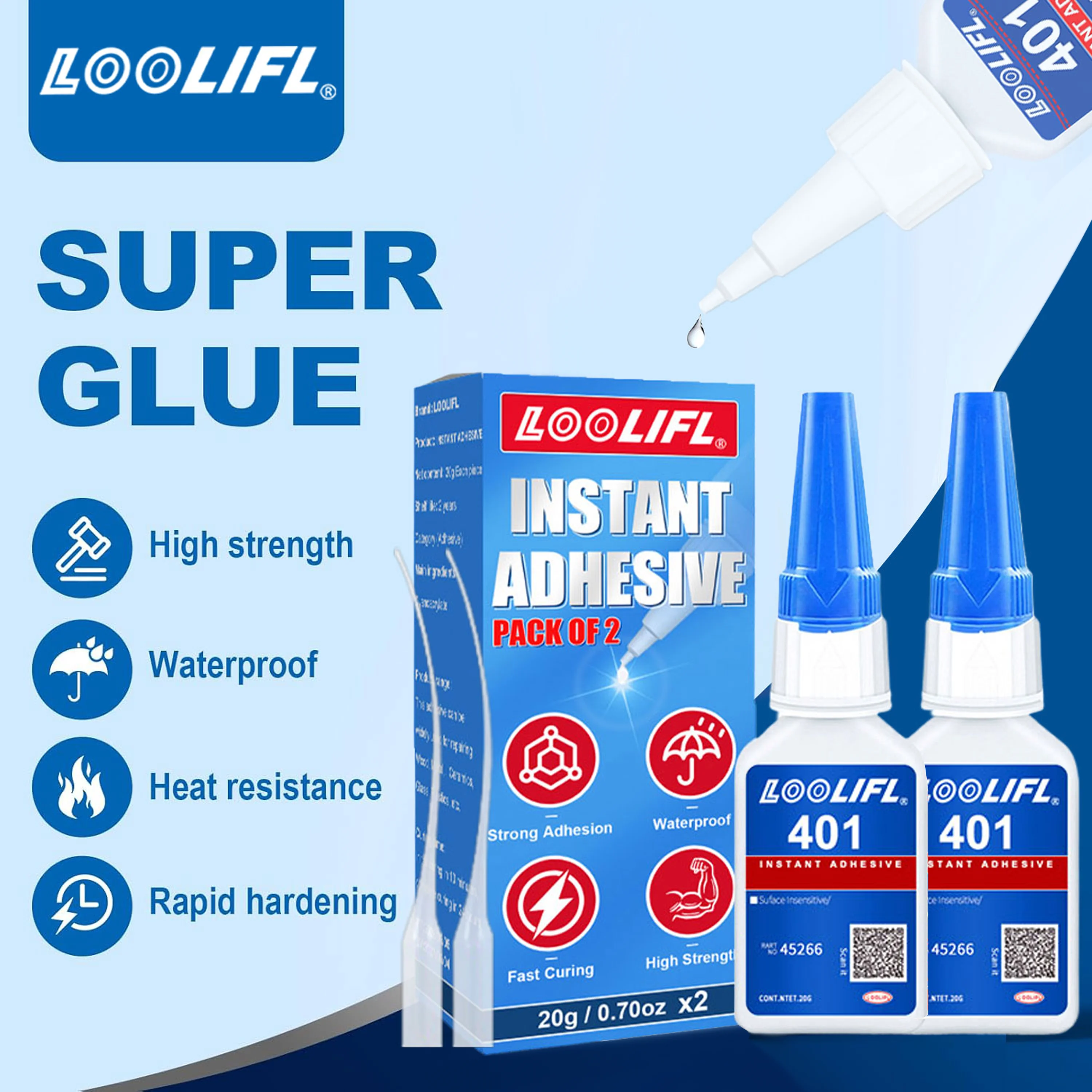 20g/each individual box packaging of 401 super glue strong instant universal adhesive, cyanoacrylate adhesive for all scenarios of fast-drying glue tools, surface insensitive