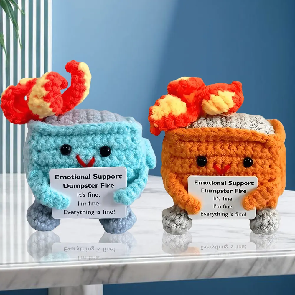 Cute Emotional Support Crochet Dumpster Fire Handmade Knitting Dumpster Fire Doll with Positive Words Christmas Gifts Desk Decor