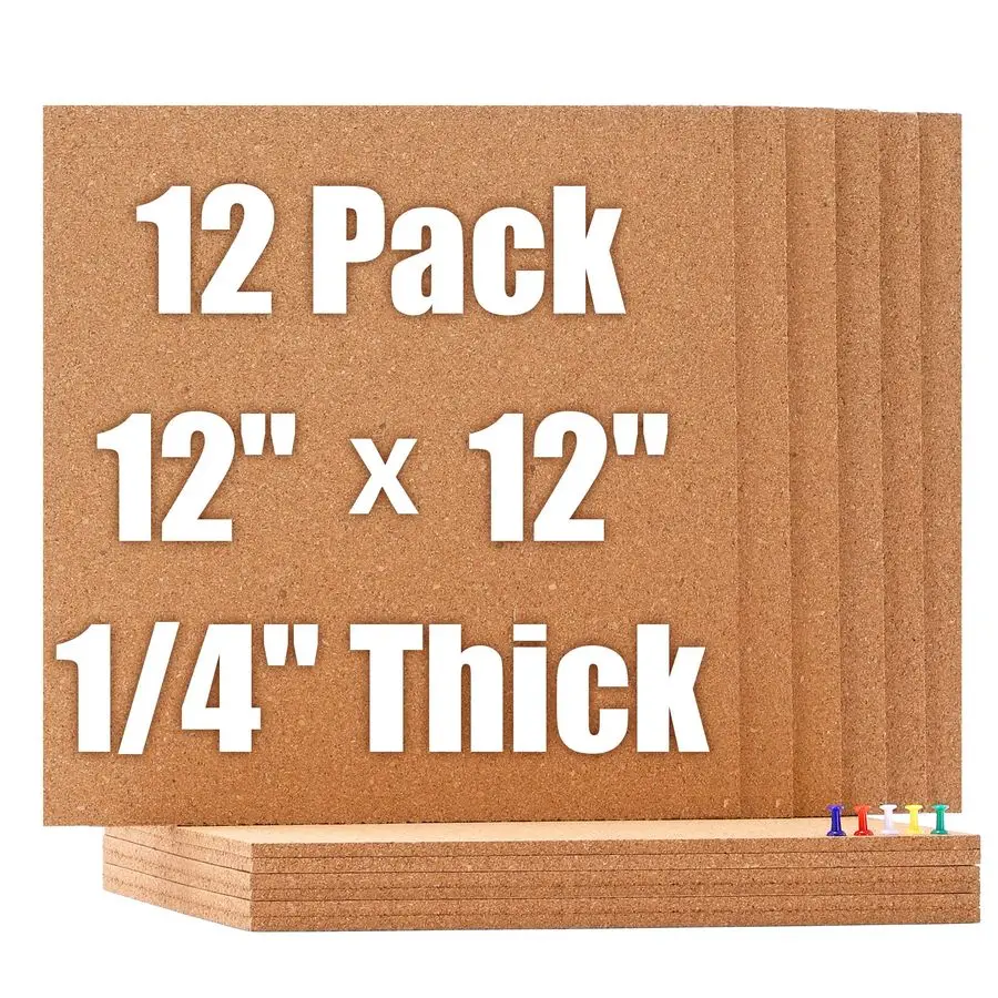 Cork Board 12x12 12 Pack Bulletin Boards 1 4 Thick Square Decorative Cork Tiles with 100 PCS Push Pins DoubleSided Adhesive Cork