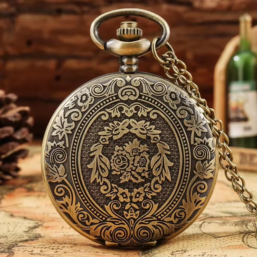 Floral Flower Engraved Retro Necklace Pendant Bronze Full Hunter Steampunk Vintage Pocket Quartz Watch with Chain