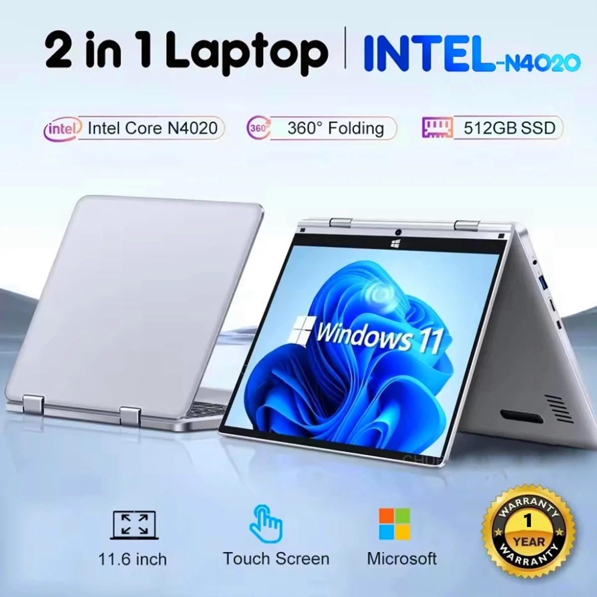 Portable 2 in 1 Laptop Computer Intel N4020 11.6 Inch Touch Screen Notebook Ram 8GB Rom 128GB-1TB SSD Windows 11 Pro PC Computer
