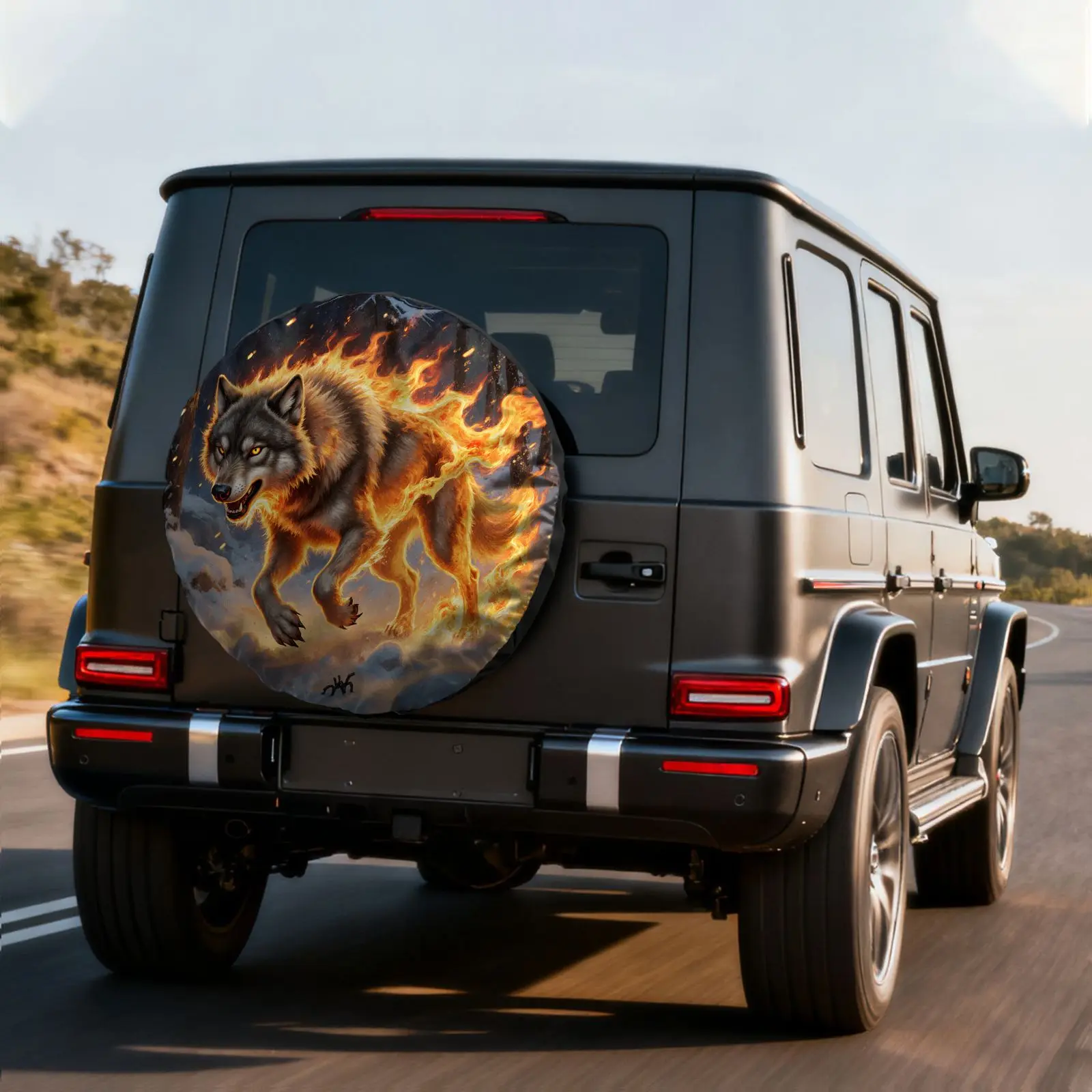 Tire Cover With Design Of  Wolf In A Snowy Forest At Night, Made Of Polyester Fiber. It Features Glow-In-The-Dark Wolf Eyes