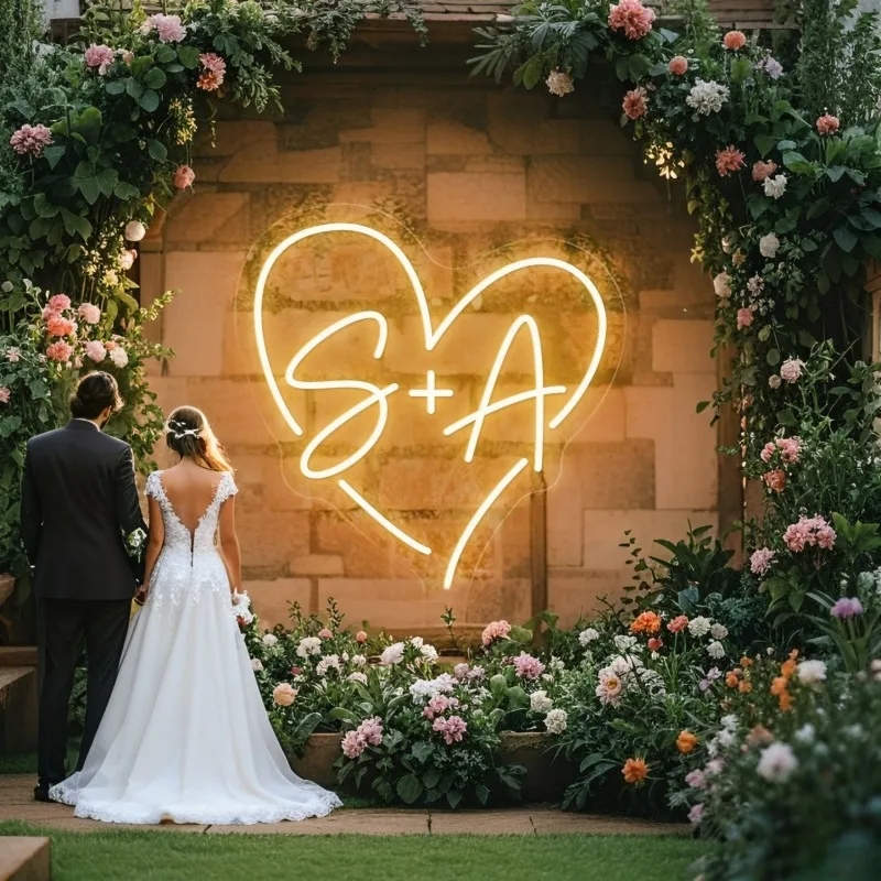 Custom Initials Heart LED Neon Sign, Personalized Name Neon Light For Wedding Party Backdrop Home Wall Decor, Gift For Couple