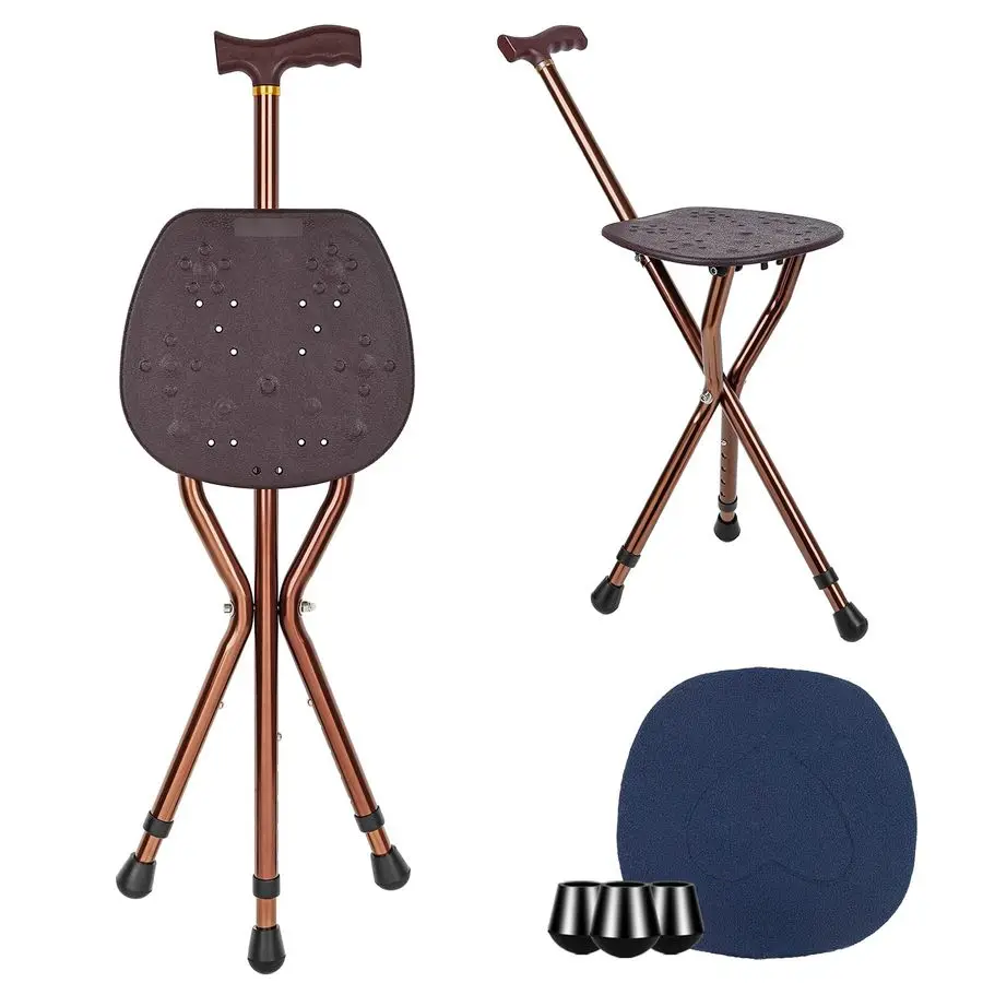 with Seat for Men 265 lbs Capacity, Large Seat Board Height Adjustable Foldable Walking Cane with Seat, Cane and Chair Dualuse f