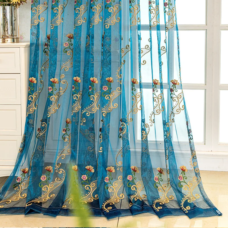1Pcs European Luxury Voile Curtains for Living Room Yellow High-Grade Embroidery Flowers Breathable Thin Window Tulle Curtains