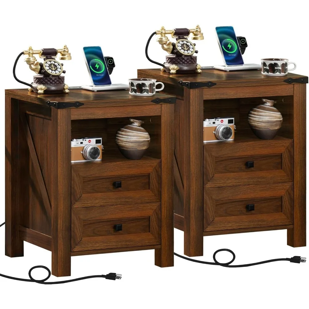 Nightstand Set of 2 with Charging Station Farmhouse End Table with 2 Drawers Open Shelf Rustic Wood Bedside Table for Bedroom