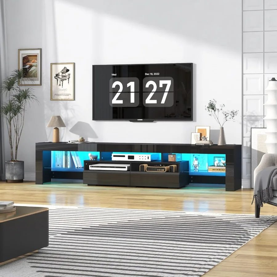 86.6in LED TV Stand for 85/90/95 inch TV Modern Black TV Stands for Living Room High Gloss TV Entertainment Center with 2 Large