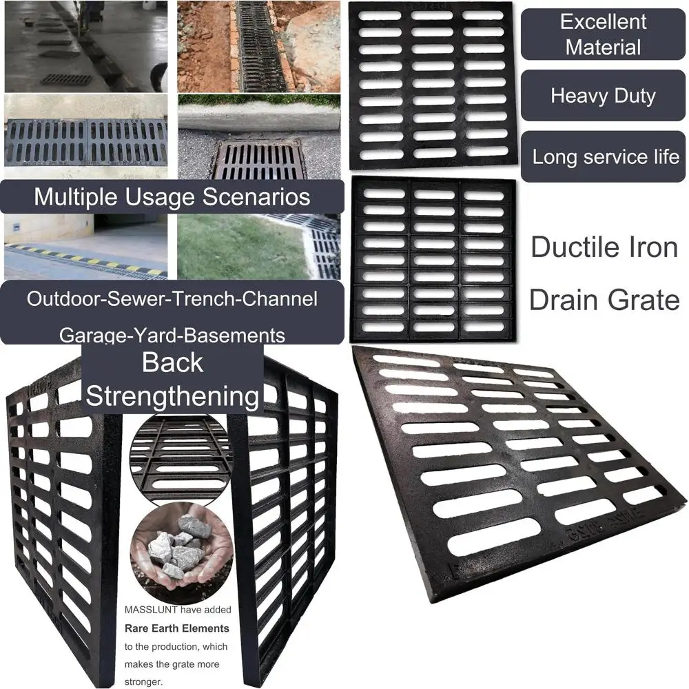 20x20 in Heavy-Duty B-Class Driveway Channel Cover, Outdoor Trench Drain Grate, Black Square Sewer Cover for Garage