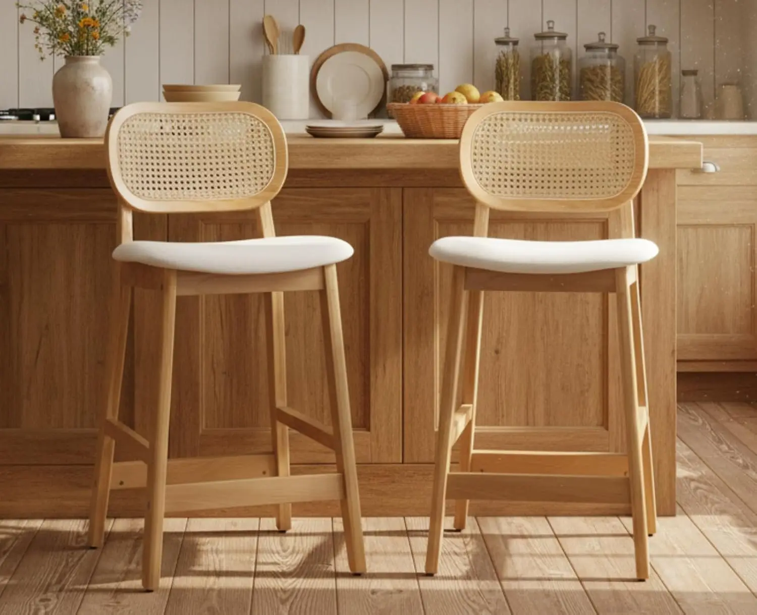 Rattan Counter Height Bar Stools 2pc Cane Back Boho Wood Kitchen Island Chairs Pub Home Bar Linen Beige, Customized