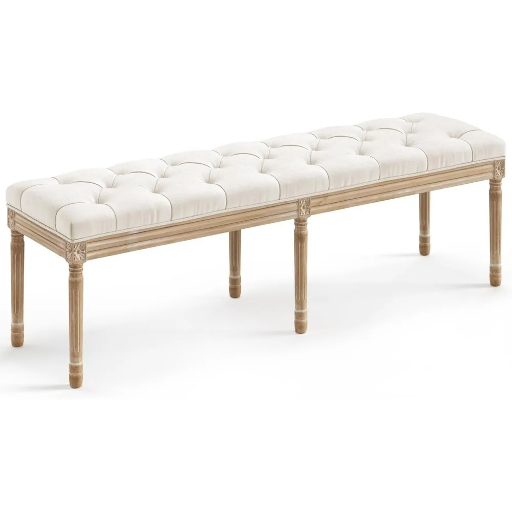 60" Fabric End of Bed Bench, Upholstered Tufted French Bedroom Bench with Carved Legs for Bedroom End of Bed