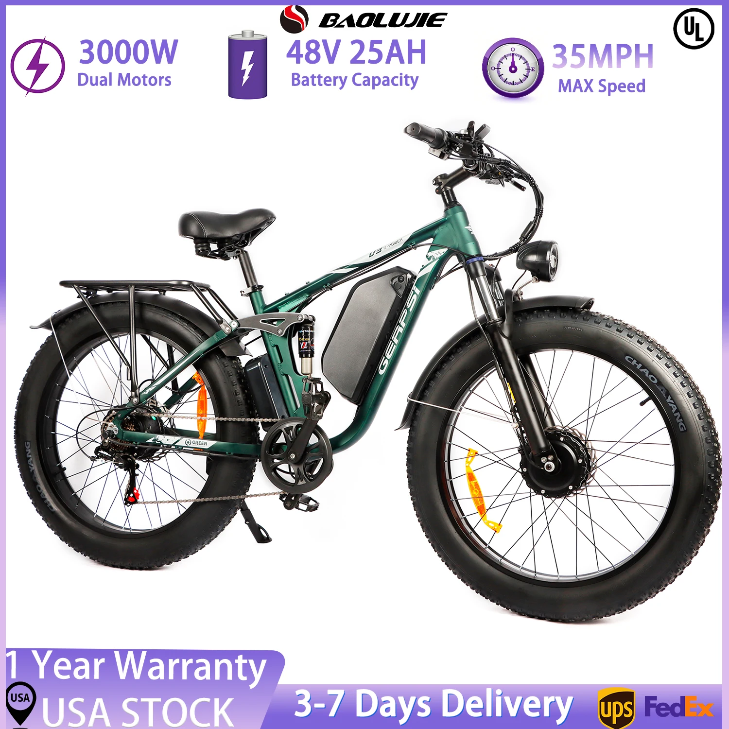 【1 Year Warranty】BAOLUJIE 2603 3000W Dual Motors Electric Bike 35MPH 48V25Ah Battery Hydraulic Disc Brake Electric Mountain Bike
