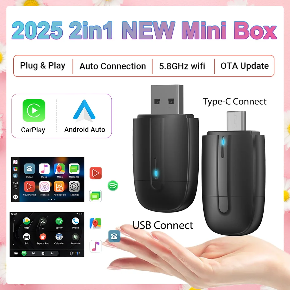 2025 Mini 2 in 1 Ai Box Wired to Wireless CarPlay & Android Auto Adapter 5Ghz WiFi Type-C/USB Plug & Play Non-inductive Connect