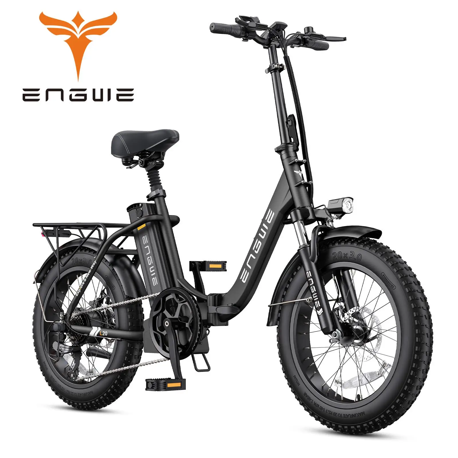ENGWE L20 2.0 Foldable Electric Bike,750W Power, Speed 32 KM/H,20"x 3.0"Fat Tires, 52V 13Ah Battery,7 Speed E-Bike,Black