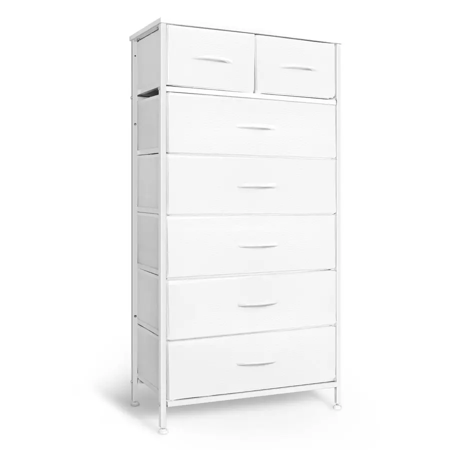 Tall Dresser for Bedroom, Vertical Storage Organizer Tower with 7 Drawers, Chest of Drawers with Fabric Bins, Steel Frame, Wood