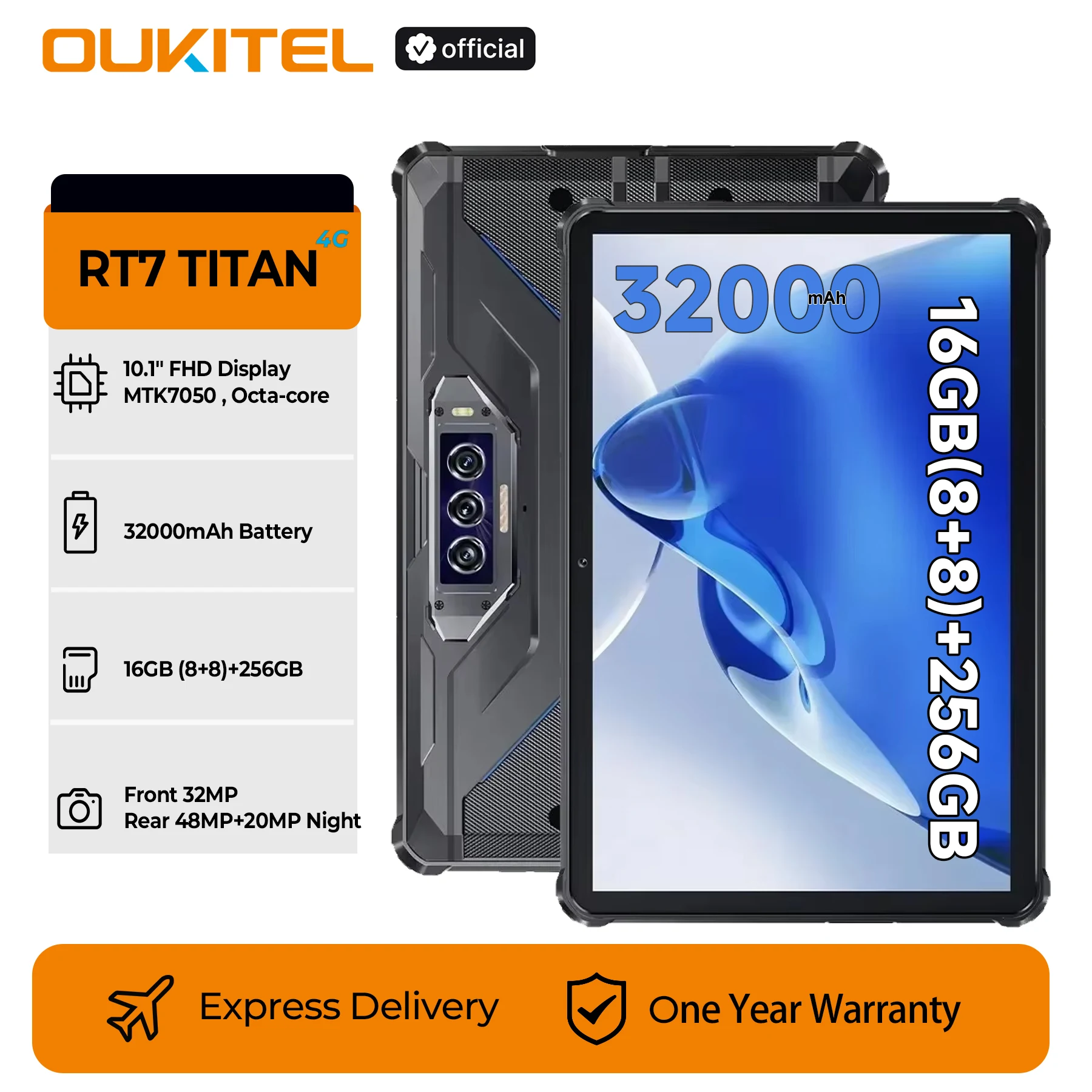 OUKITEL RT7 TITAN 32000mAh 4G Rugged Tablet 10.1 Inch FHD+ Pad 8GB RAM 256GB ROM 32MP+48MP Camera, Android 13 NFC Tablets