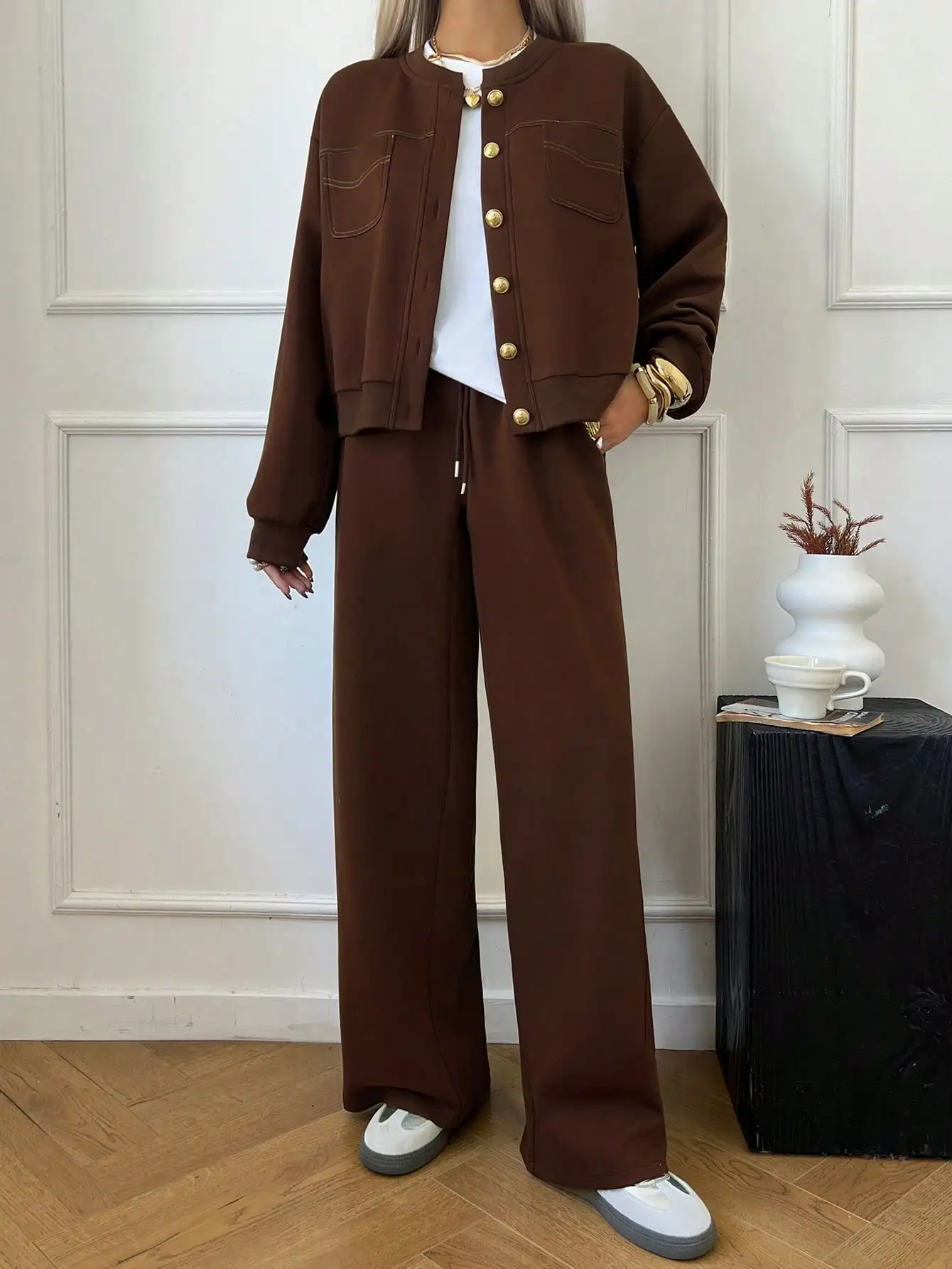 Brown Drop Shoulder Button Front Jacket & Wide Leg Pants 2 Piece Set for Casual Fall Outfits