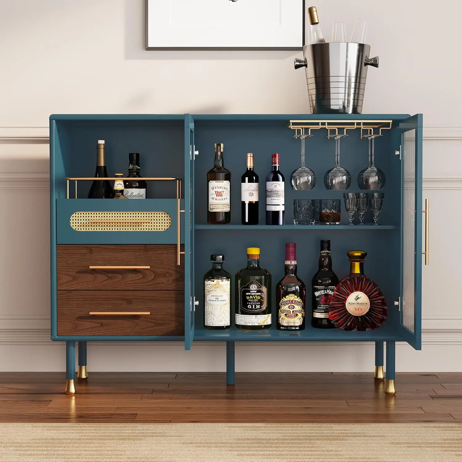 48" Coffee Bar Cabinet With Wine Racks And Drawers, Modern Buffet Sideboard With Pull-Out Wine Storage, Liquor Bar Cart