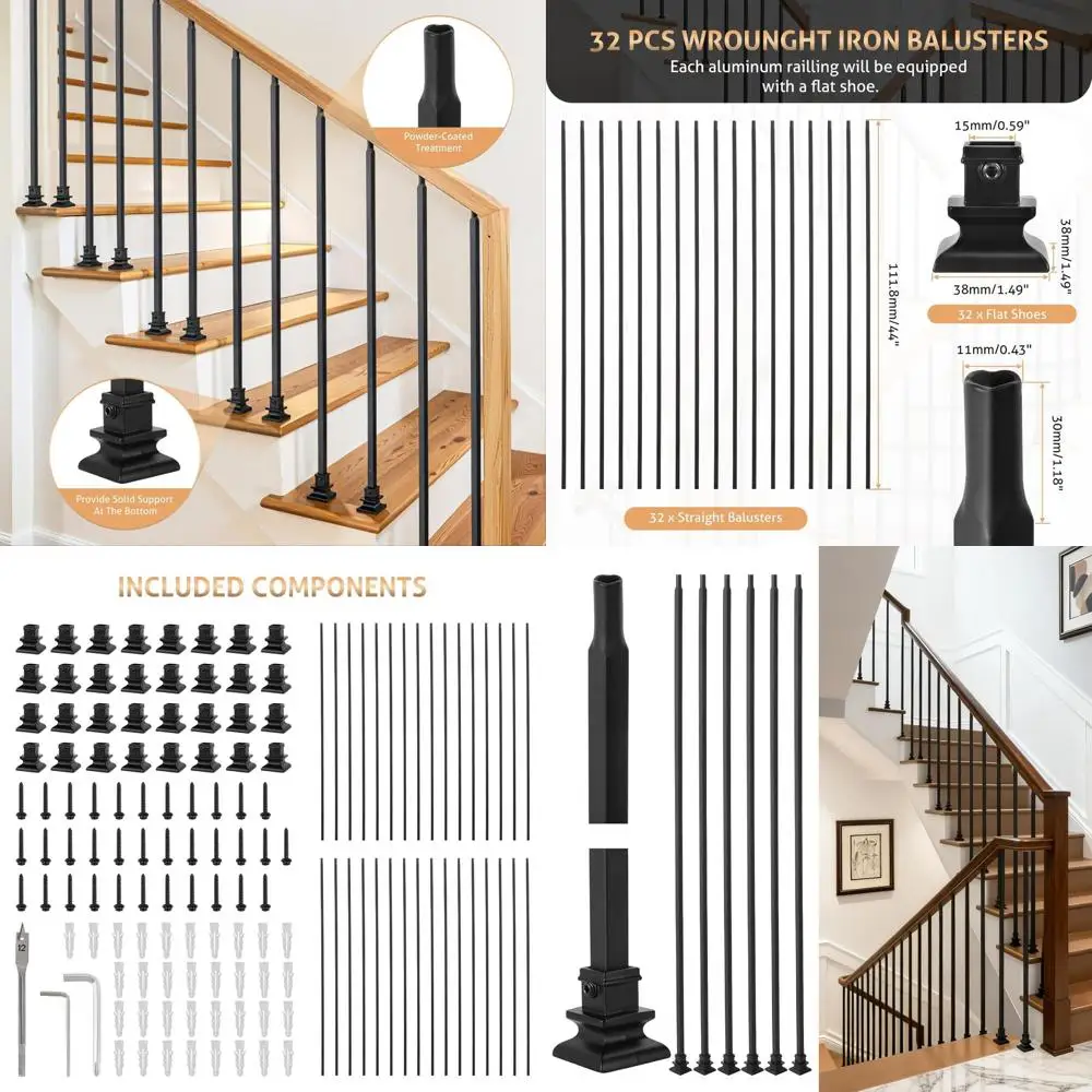 Indoor 32-Pack 44 Black Iron Square Staircase Balusters with Half-Inch Diameter and Plate Shoes