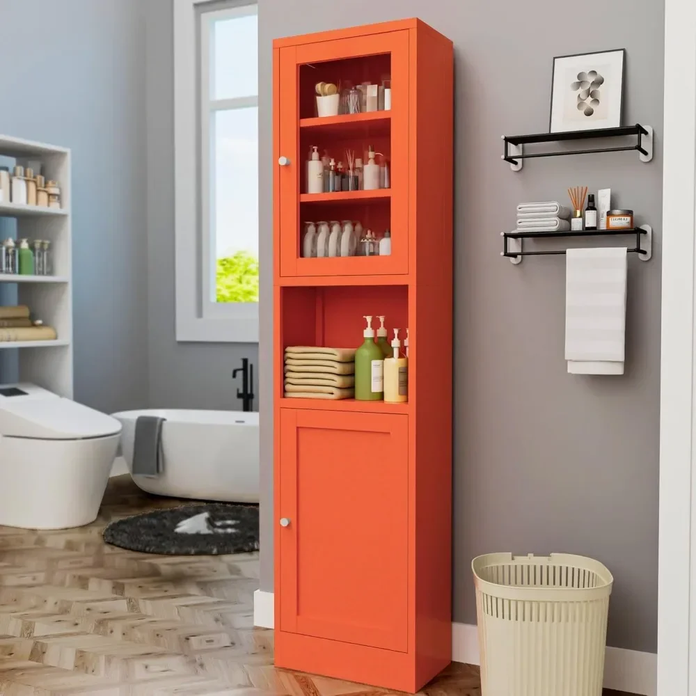 YQXH Orange Metal Storage Cabinet with Glass Door, Metal Locker Storage Cabinet with 3 Adjustable Shelves and 2 Doors